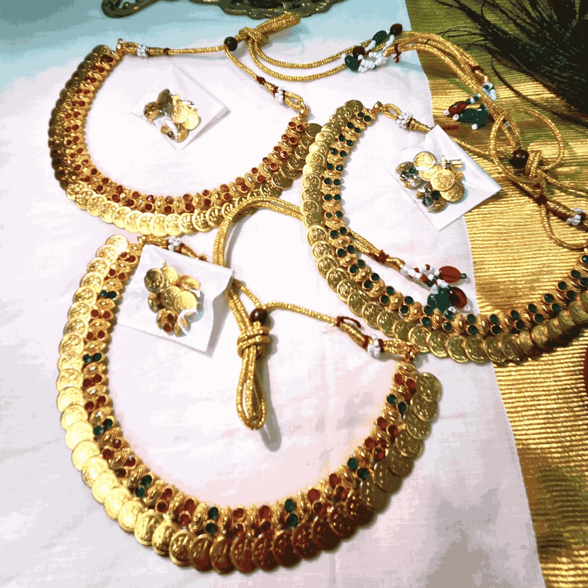 ORA LAKSHMI KASU MALA RUBY EMERALD WITH EARRINGS