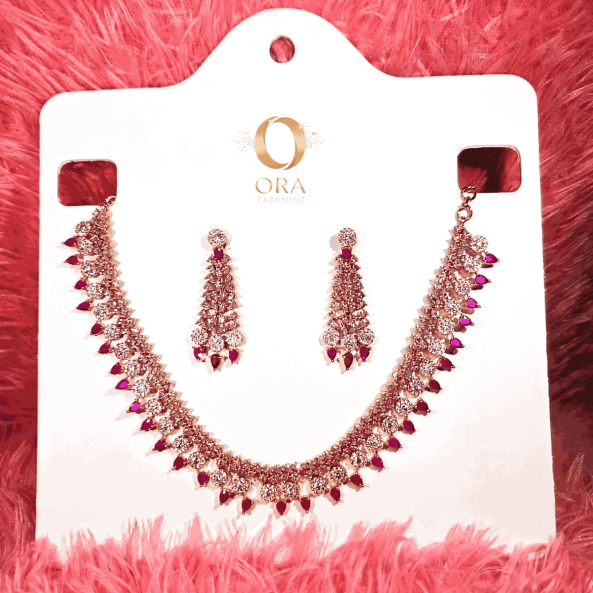 ORA ROSE GOLD PLATED RUBY AD STUDDED NECKLACE SET PREMIMUM